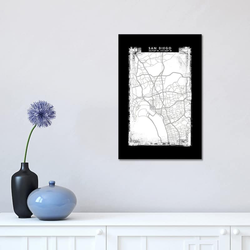 iCanvas "San Diego City Map Black White Grey Style" by WallDecorAddict Canvas Print - 18x12x1.5
