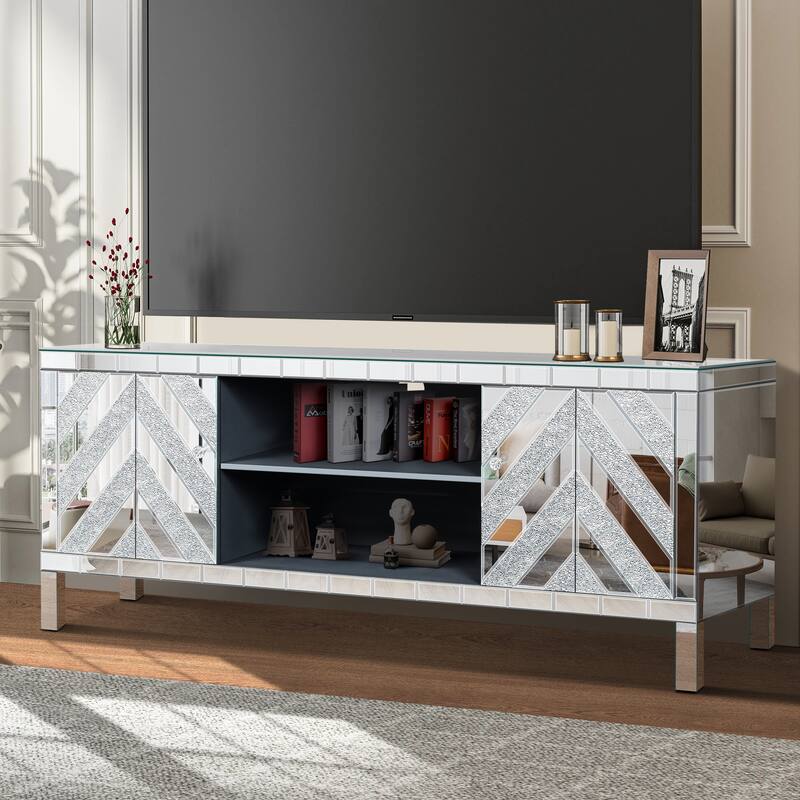 59" Silver Mirrored TV Stand Console Table with M-Shaped Diamond Mirror Doors, Crystal Handles, Open Shelves & Storage Cabinets