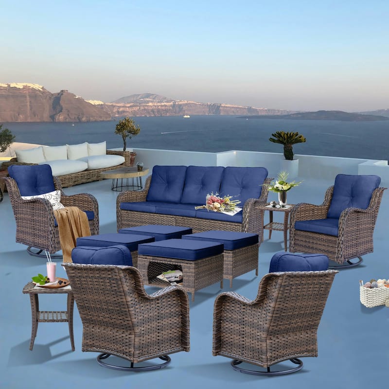11 Piece Rattan Wicker Outdoor Patio Furniture with Swivel Chairs Set