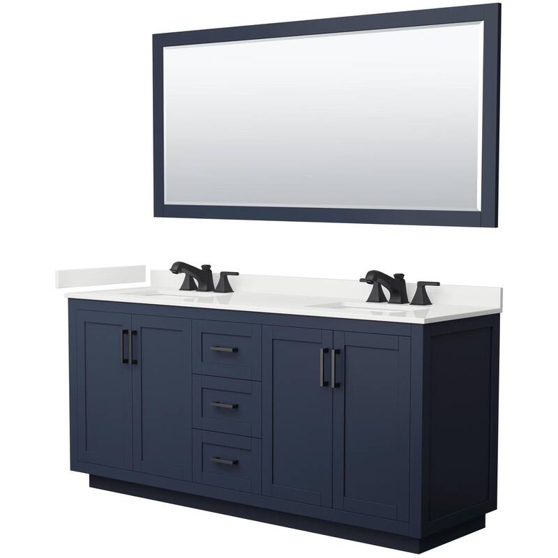 Wyndham Collection WCF292972D-QTZ-US3M70 Miranda 72" Free Standing - Dark Blue / White Quartz Top / Matte Black