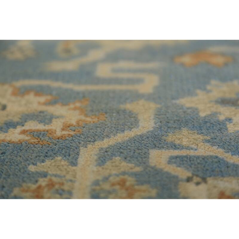 Blue Geometric Oushak Indian Runner Rug Hand-Knotted Wool Carpet - 2'7"x 7'9"