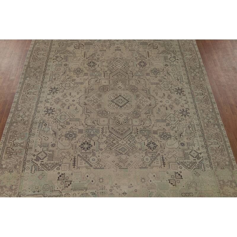 Distressed Geometric Tabriz Vintage Persian Rug Handmade Wool Carpet - 9'7" x 13'1"