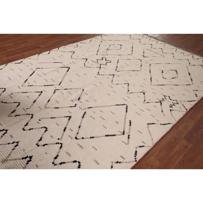 All-Over Ivory Moroccan Area Rug Handmade Wool Carpet - 6'1"x 9'11"
