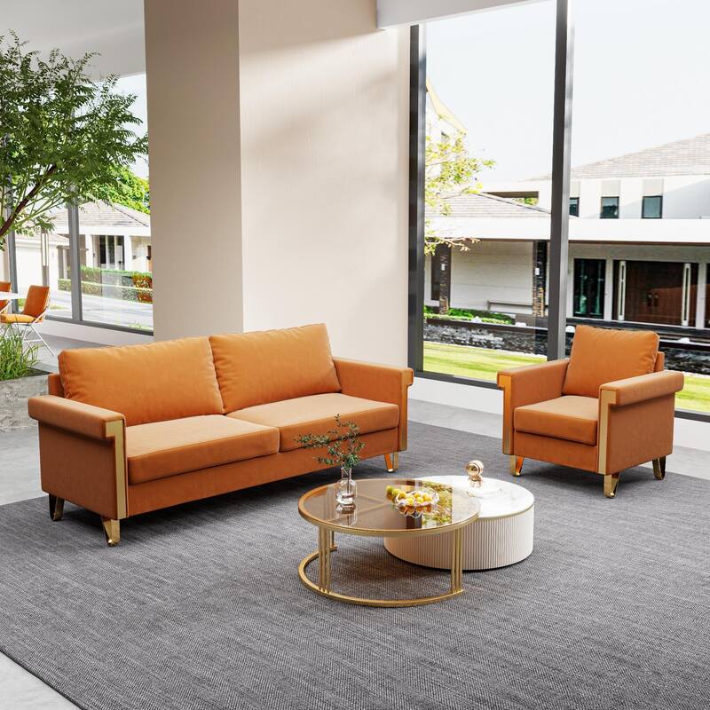 Mid-Century Velvet 3-Seater Sofa Chair Set with Gold Legs - Orange
