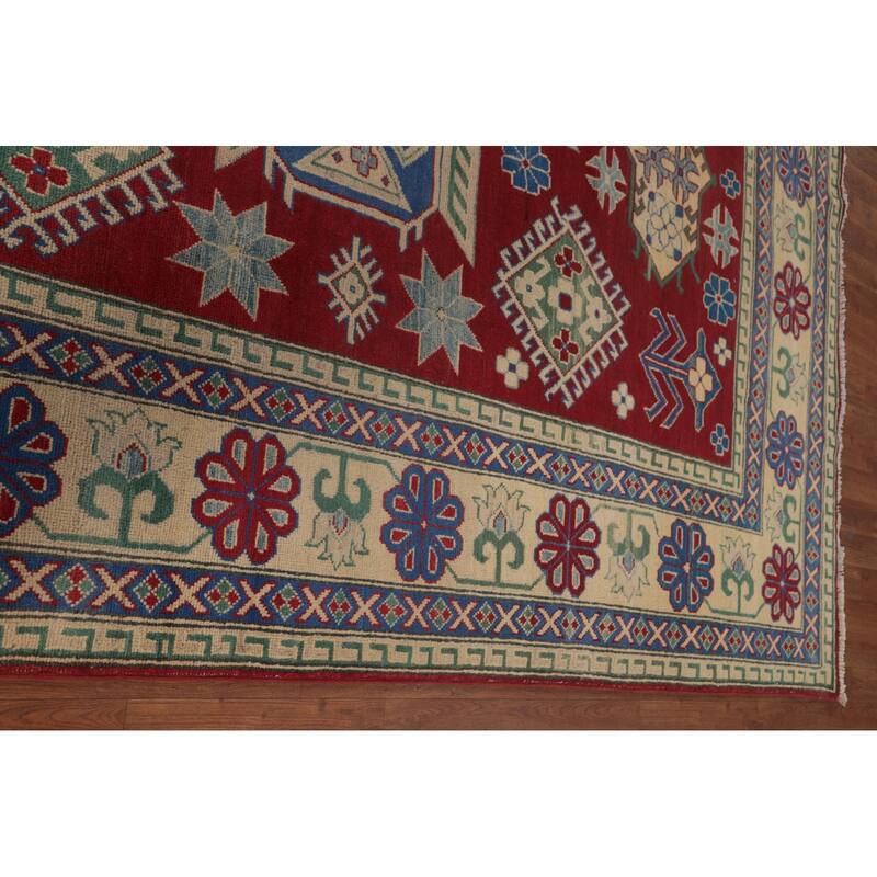 Red Geometric Kazak Area Rug Hand-Knotted Wool Carpet - 8'1" x 9'7"