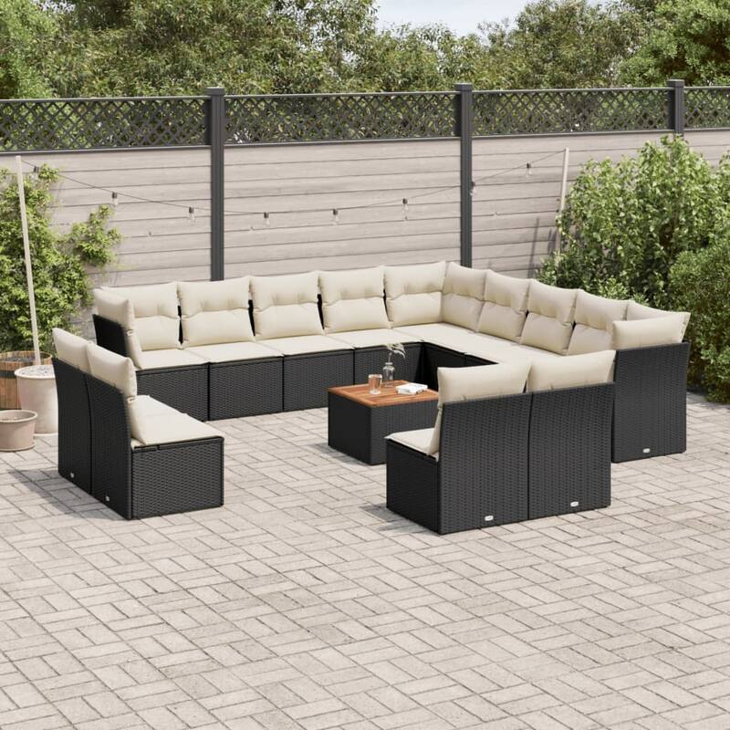 vidaXL Patio Sofa Set with Cushions Outdoor Furniture 14 Piece Poly Rattan - 24.4 x 24.4 x 27.2 - Black and Cream