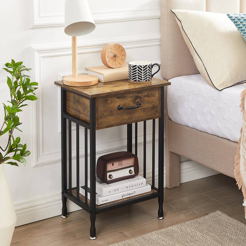 VECELO Modern Nightstand with Drawer and Storage Shelf - Antique Brown