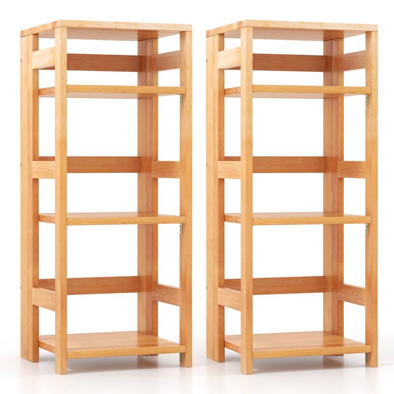 Gymax 2PCS 4-Tier Bookshelf Floor Storage Shelf w/ Rubber Wood Frame - Natural