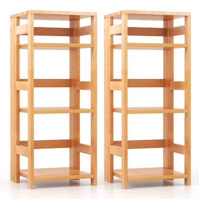 Gymax 2PCS 4-Tier Bookshelf Floor Storage Shelf w/ Rubber Wood Frame