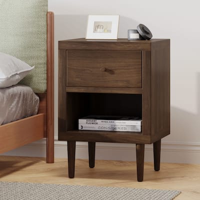 Nightstand Bedroom Cabinet, Hallway Floor Organizer with Rubberwood Legs, Mid-century Cabinet with Top Drawer and Bottom Shelf
