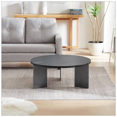 Round Coffee Table Black Oak Wood Surface and Black Metel Feet