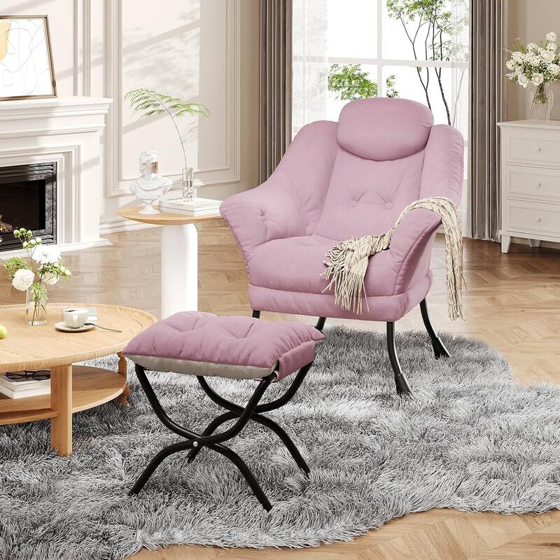 Modern Accent Comfy Lazy Sofa Chair with Ottoman for Bedroom or Living Room - Pink