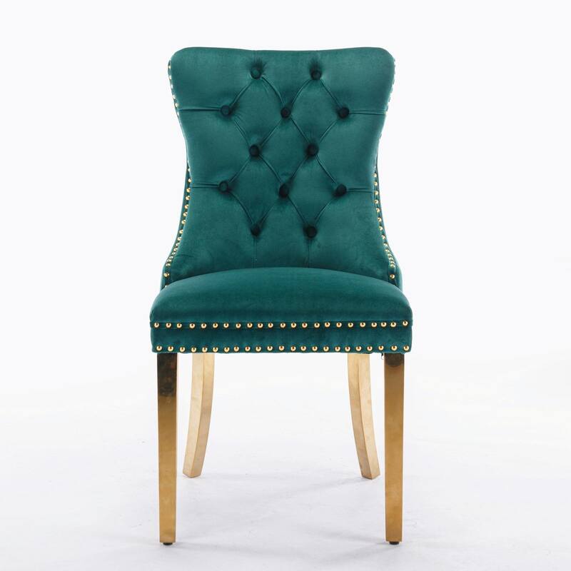 Tufted Velvet Dining Chairs - Solid Wood - Golden Stainless Steel Legs - Nailhead Trim - Set of 2
