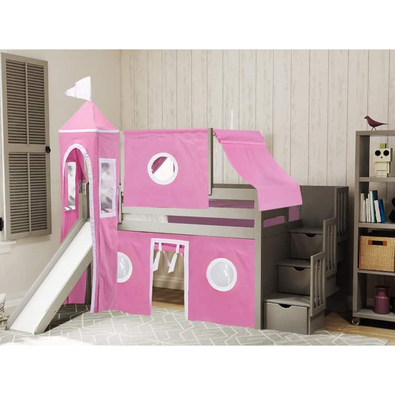 JACKPOT Prince & Princess Low Loft Twin Bed, Stairs Slide Tent & Tower - Grey with Pink & White Tent