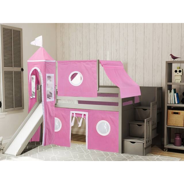 JACKPOT Prince & Princess Low Loft Bed, Stairs & Slide, Tent & Tower - Grey with Pink & White Tent