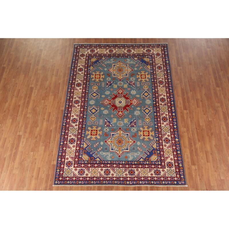 Hand Knotted Oriental 100% Wool Carpet Traditional Geometric Navy Blue & Blues Kazak Area Rug - 9' 8'' X 6' 7''
