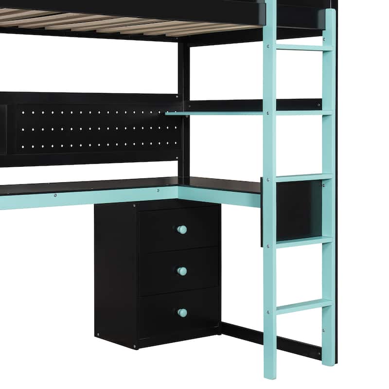 Gaming Loft Bed with Storage Stairs & Desk, Video Game Bed Wood Loft Bed Frame with Pegboard for Teens