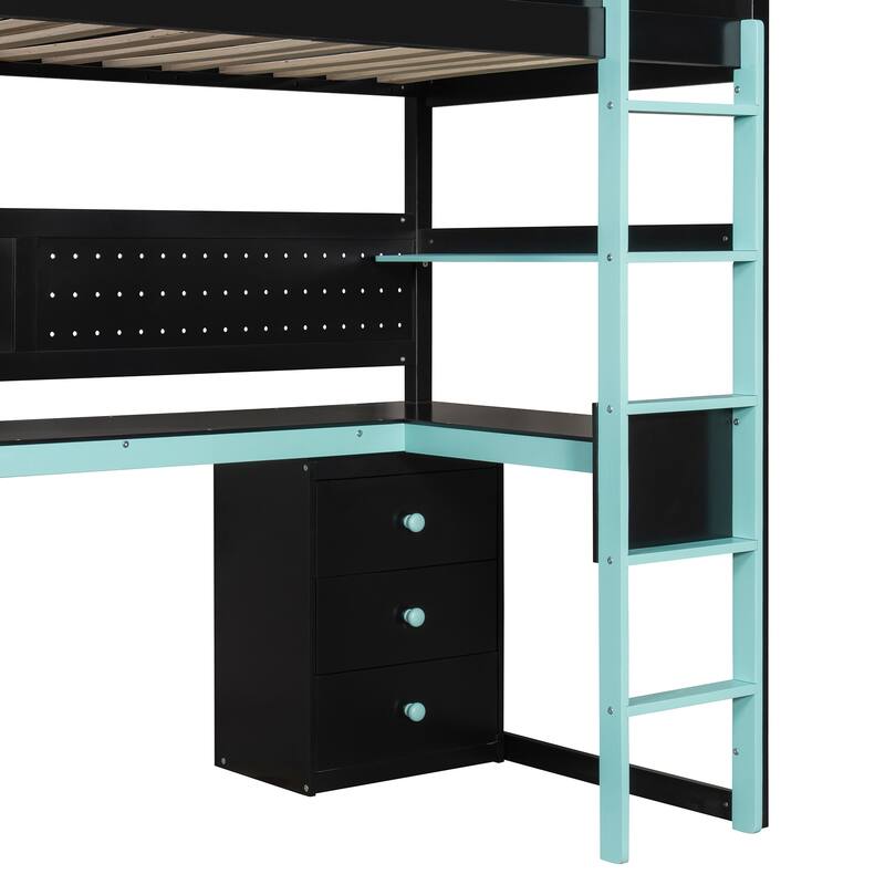 Roomfitters Twin Size Gaming Loft Bed, Integrated Desk, Storage Stairs & Pegboard, Esports Inspired Sleeper System