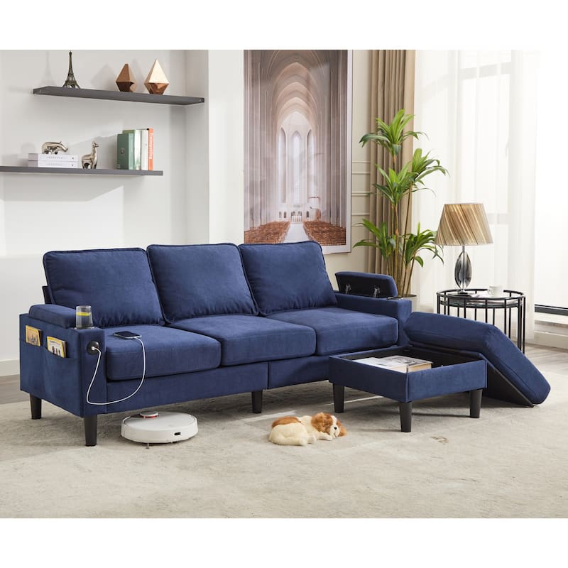 L-Shaped Fabric Sectional Sofa with Storage Ottoman and USB Port