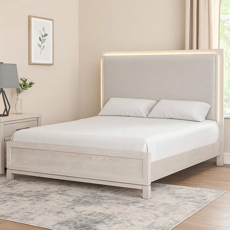 Loji Queen Size Bed w LED Headboard, Weathered Gray Solid Rubberwood