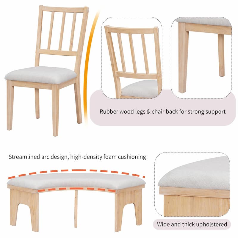 5-Piece Rustic Charm Round Dining Set - 3 Upholstered Chairs with Curved Bench