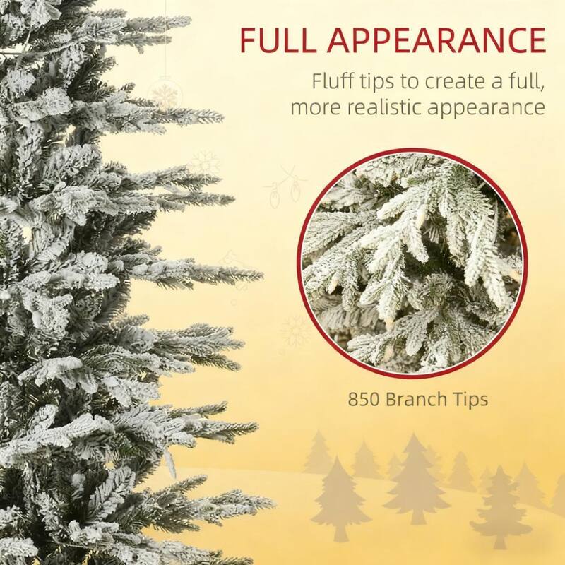 Pre-Lit Flocked Artificial Christmas Tree - Snow Branches, Warm Yellow Lights, Auto Open - Green