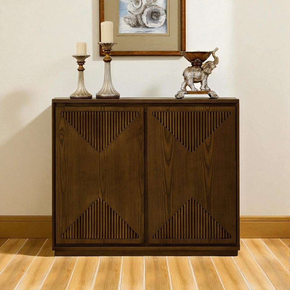 39" V-Shape Fluted Storage Cabinet, Mid Century Modern Buffet Sideboard with Outlet Holes for Entryway Kitchen