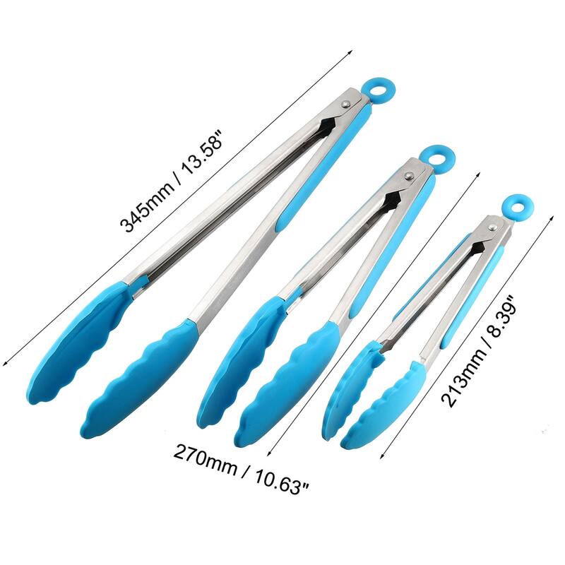 Kitchen Tongs Stainless Steel Locking Tong Set of 3 7-inch 9-inch 12-inch Blue - Blue