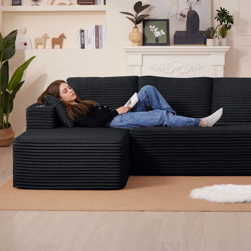 102.76" Corduroy Cloudy L Shaped Sofa with Chaise and Pillows