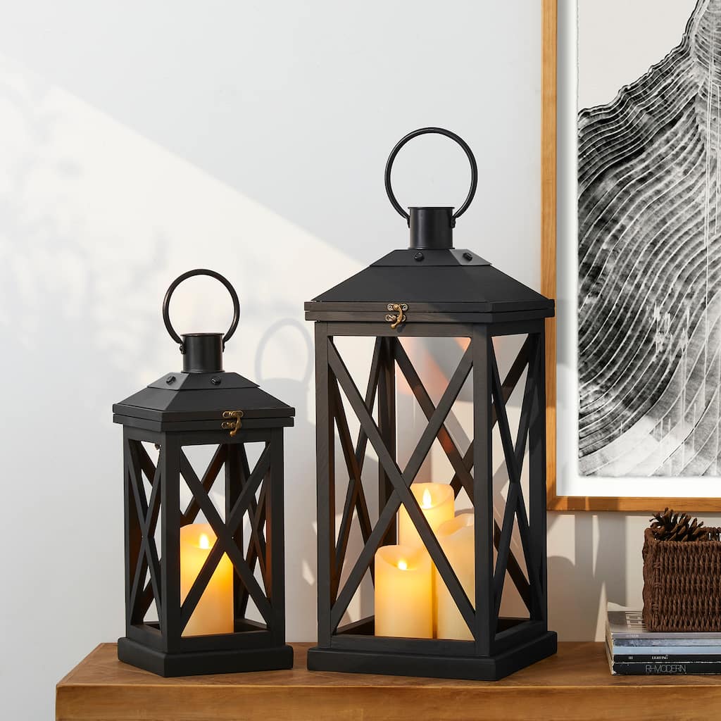 Glitzhome Set of 2 Farmhouse Wooden Lantern Hanging Candle Holders Wedding Decor - 24"+17"