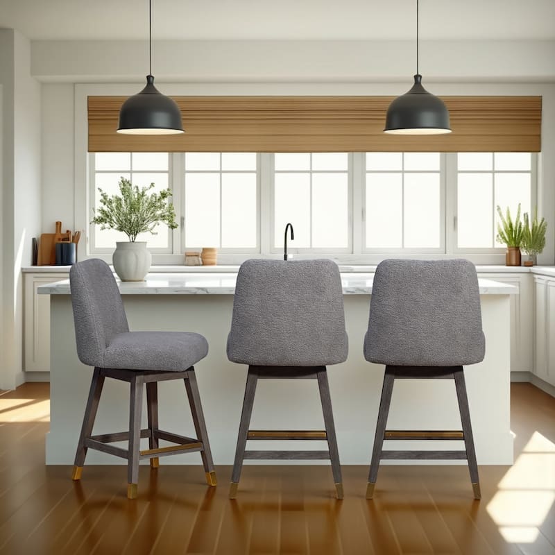 Amalie Upholstered Bar Stool, Swivel Counter Chair with Solid Wood Frame - Set of 3 - Grey Boucle - Counter Height