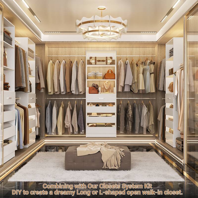 Modular Closet System Wardrobe Organizer 4 Adjustable Hanging Rods + 4 Wooden Drawers, Space-Saving for 4-9Ft Closets