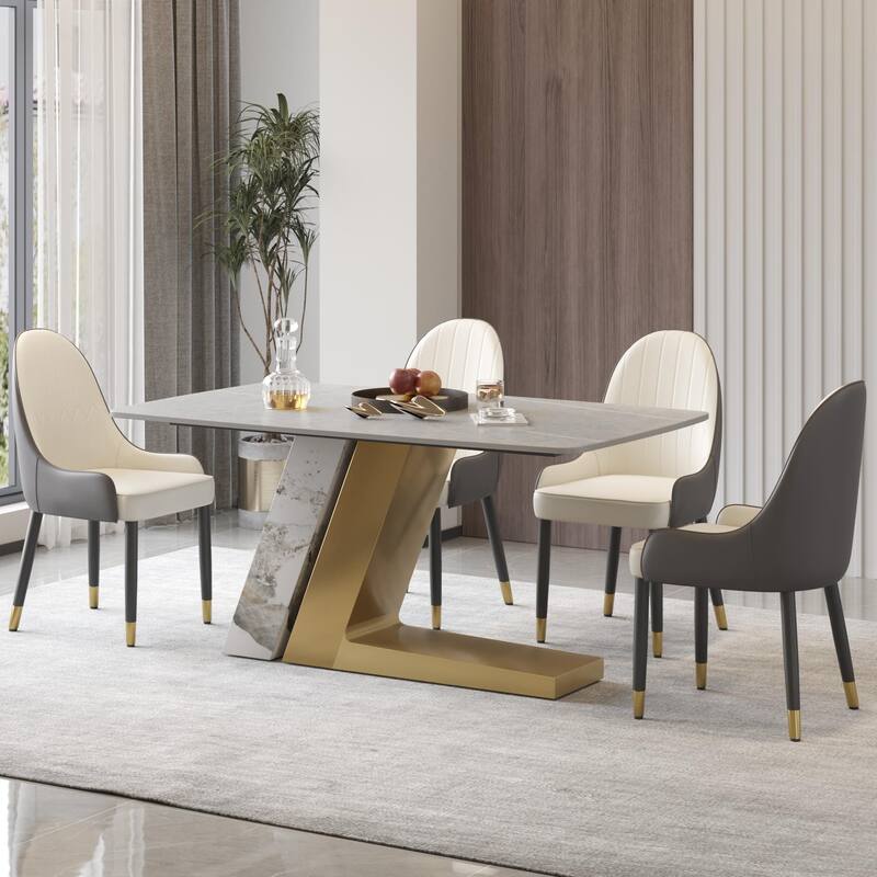 Rectangle Dining Table Faux Marble Tabletop Sintered Stone Panel with Stainless Steel Pedestal