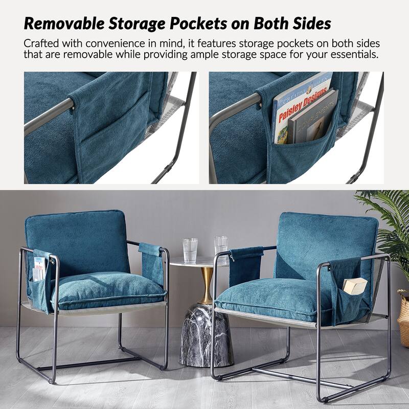 Rebeca Modern Metal Frame Arm Chair with Storage Pockets Set of 2 by HULALA HOME
