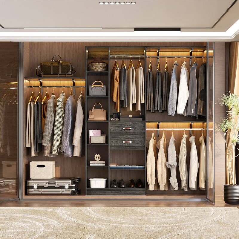 31.5'' to 96'' W Closet Organizer System with Drawers and Tower Shelves for Reach-in and Walk-in Closet - Grey Oak