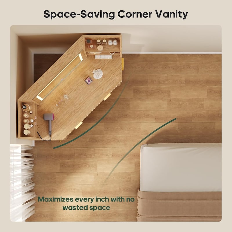 Corner Vanity Desk with Lighted Mirror Drawers Shelves Storage Stool