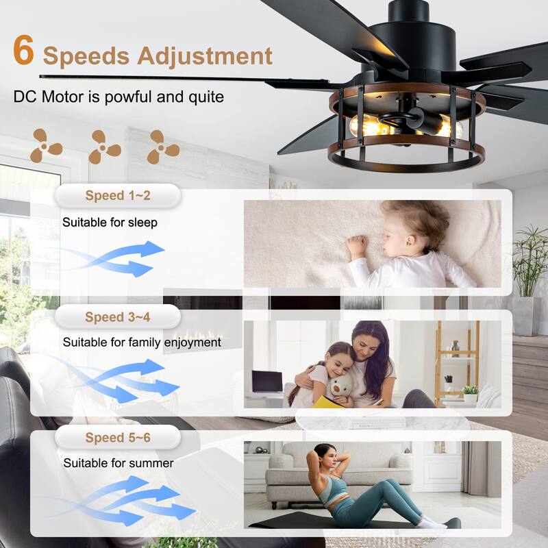 Bella Depot 52" Industrial Caged Ceiling Fan with Light and Remote 6-Speed Modern Reversible Large Fan DC Motor