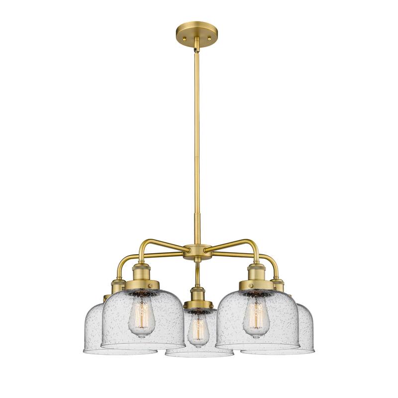 Innovations Lighting Bell - 5 Light 26" Stem Hung Chandelier - Brushed Brass/Seedy