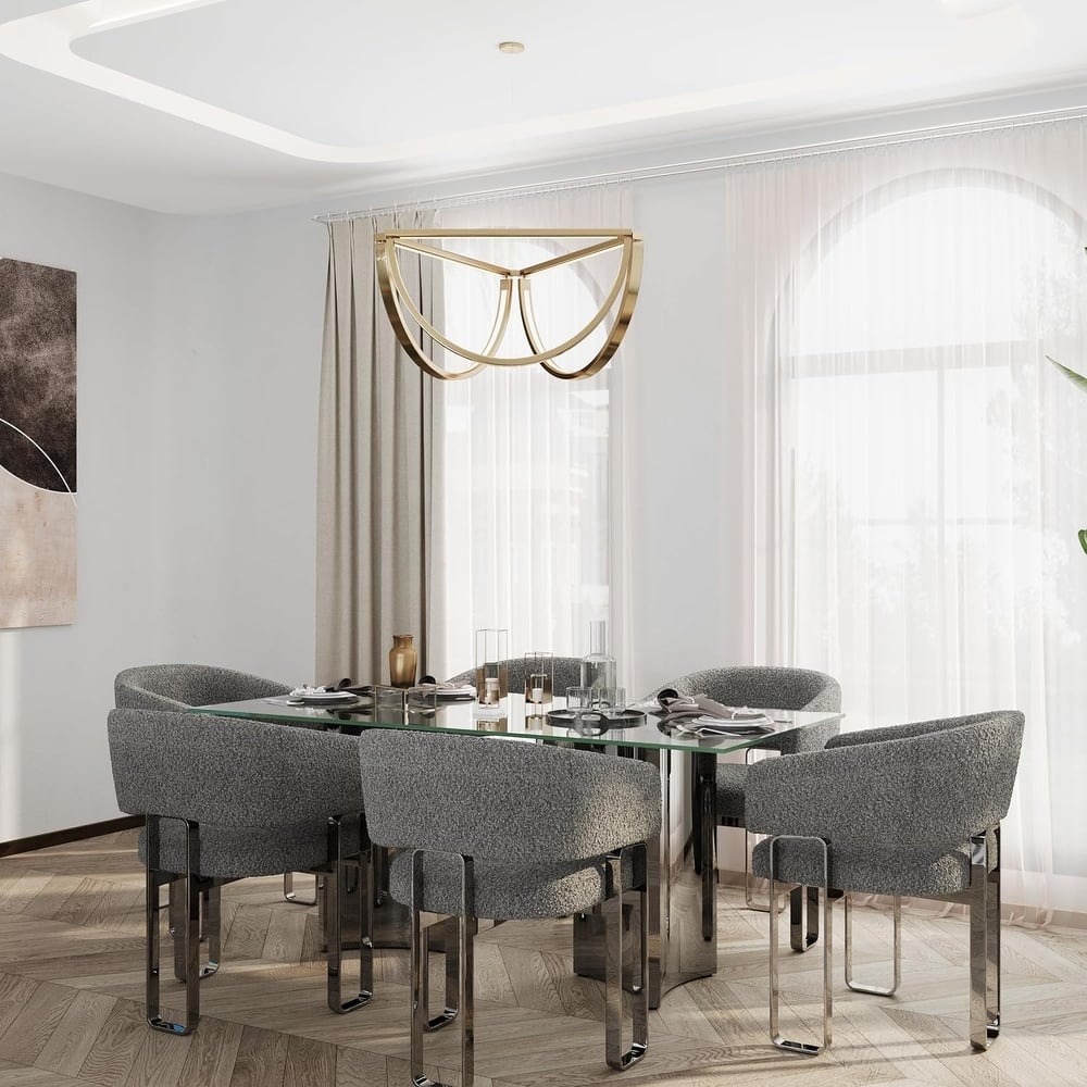 70 inch Clear Tempered Glass Dining Table Set with Grey Boucle Dining Chairs