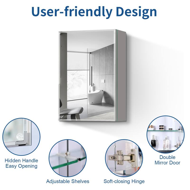 Bathroom Medicine Cabinet with Invisible Handle, Soft-Closing Hinge, Adjustable Glass Shelves
