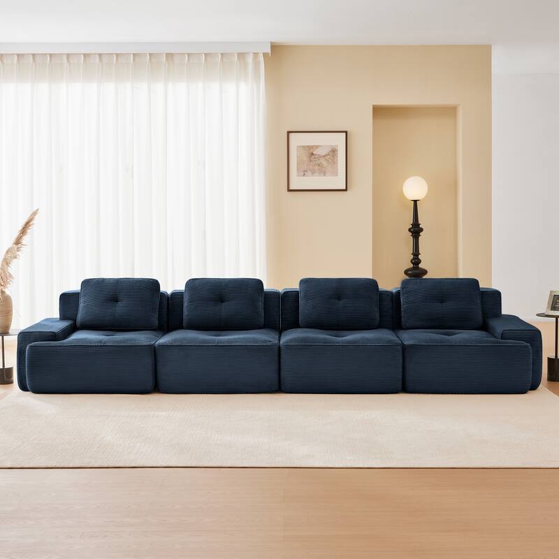 153" Modern Modular Corduroy Sectional Sofa, 4-Seater, Tufted Design - Blue