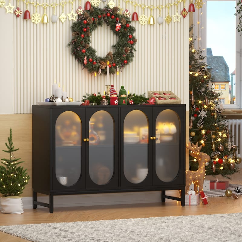 Modern Farmhouse Black Sideboard Buffet with USB Port, Black Storage Bar Cabinet with LED Light