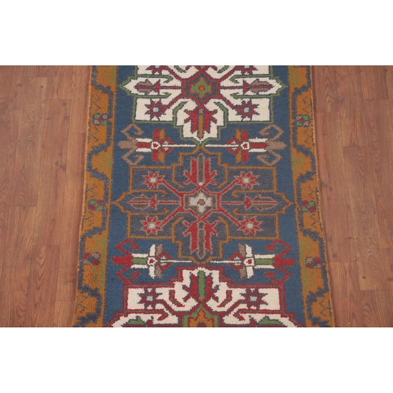 Blue Geometric Heriz Serapi Oriental Runner Rug Handmade Wool Carpet - 2'7"x 7'10"