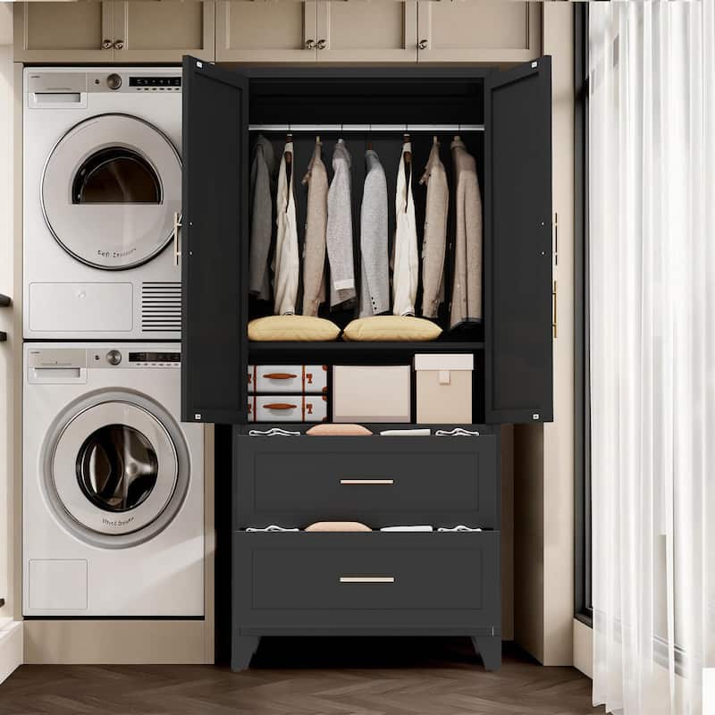 Black Clothing Storage Cabinet with 2 Drawers and Hanging Rod, 2 Doors Wardrobe Armoire Closet with Shelf