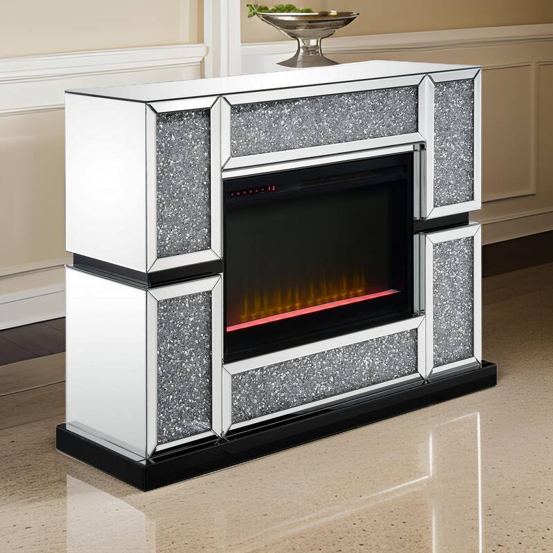 Electric Fireplace with Mirror Panel Framing and Faux Crystals Inlay,Silver