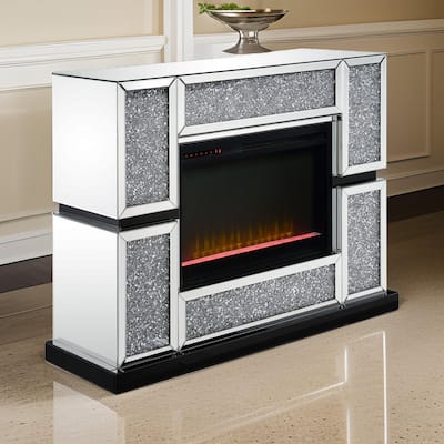 Electric Fireplace with Mirror Panel Framing and Faux Crystals Inlay,Silver
