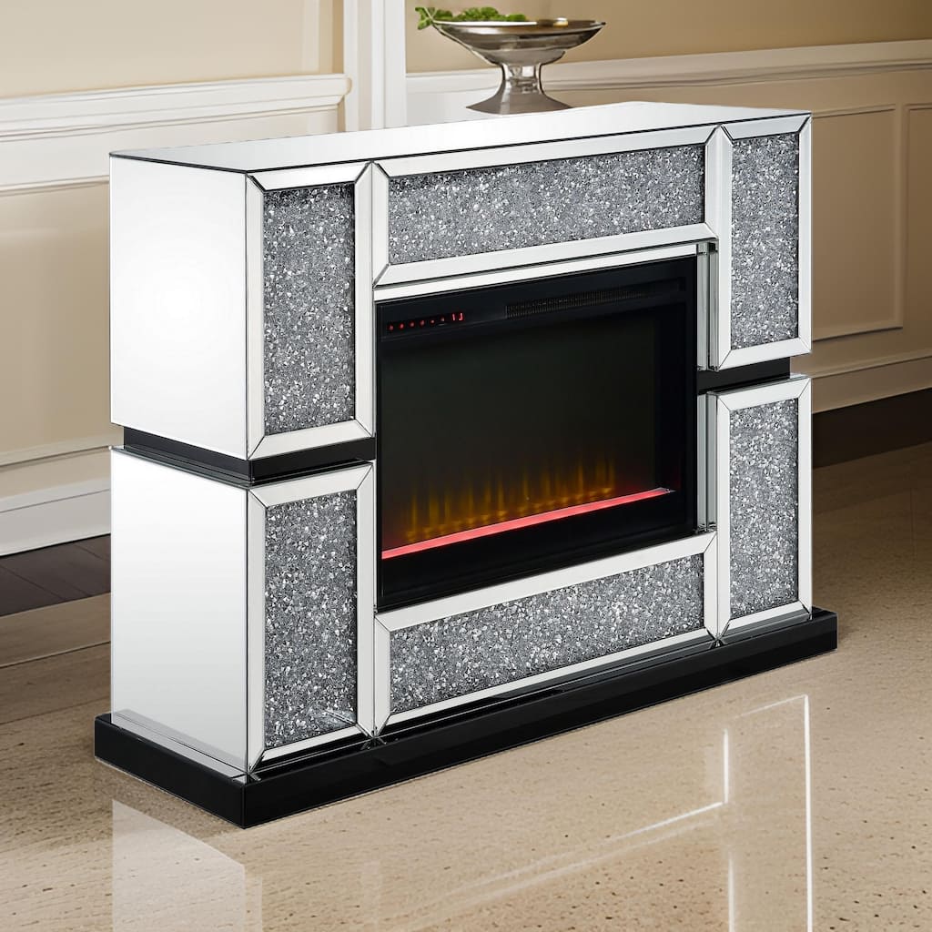 Electric Fireplace with Mirror Panel Framing and Faux Crystals Inlay,Silver