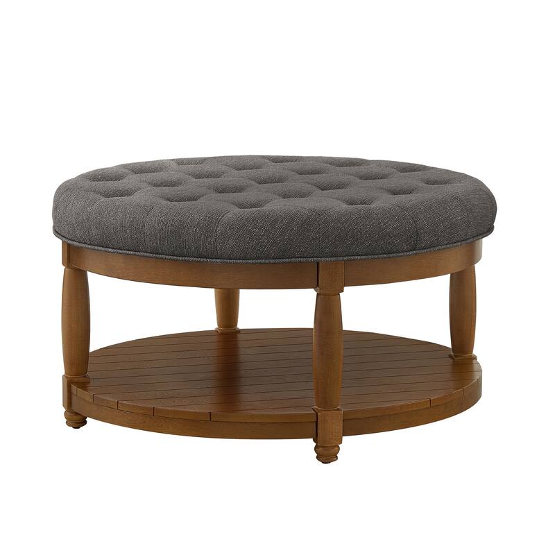 Large Round Tufted Linen Ottoman Coffee Table with Solid Wood Shelf - Granite Tone - Charcoal