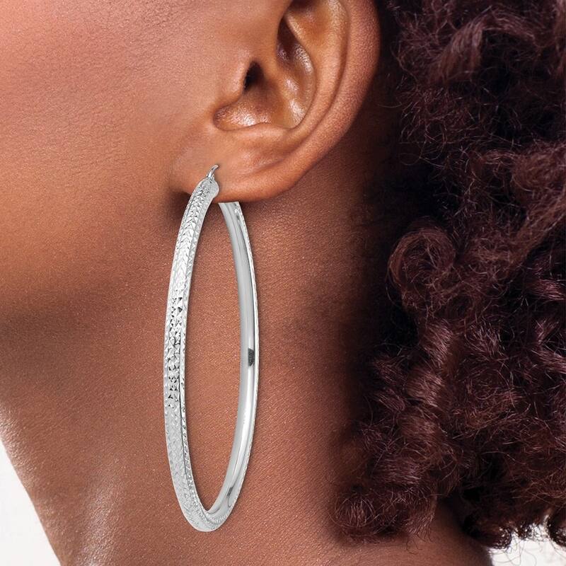 Curata 14k White Gold Lightweight 4mm Sparkle Cut Hoop Earrings - 72.5x70.5mm Wide 4mm Thick