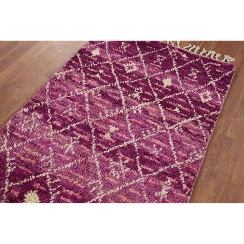 Purple Trellis Plush Moroccan Accent Rug Handmade Wool Carpet - 3'0" x 5'7"